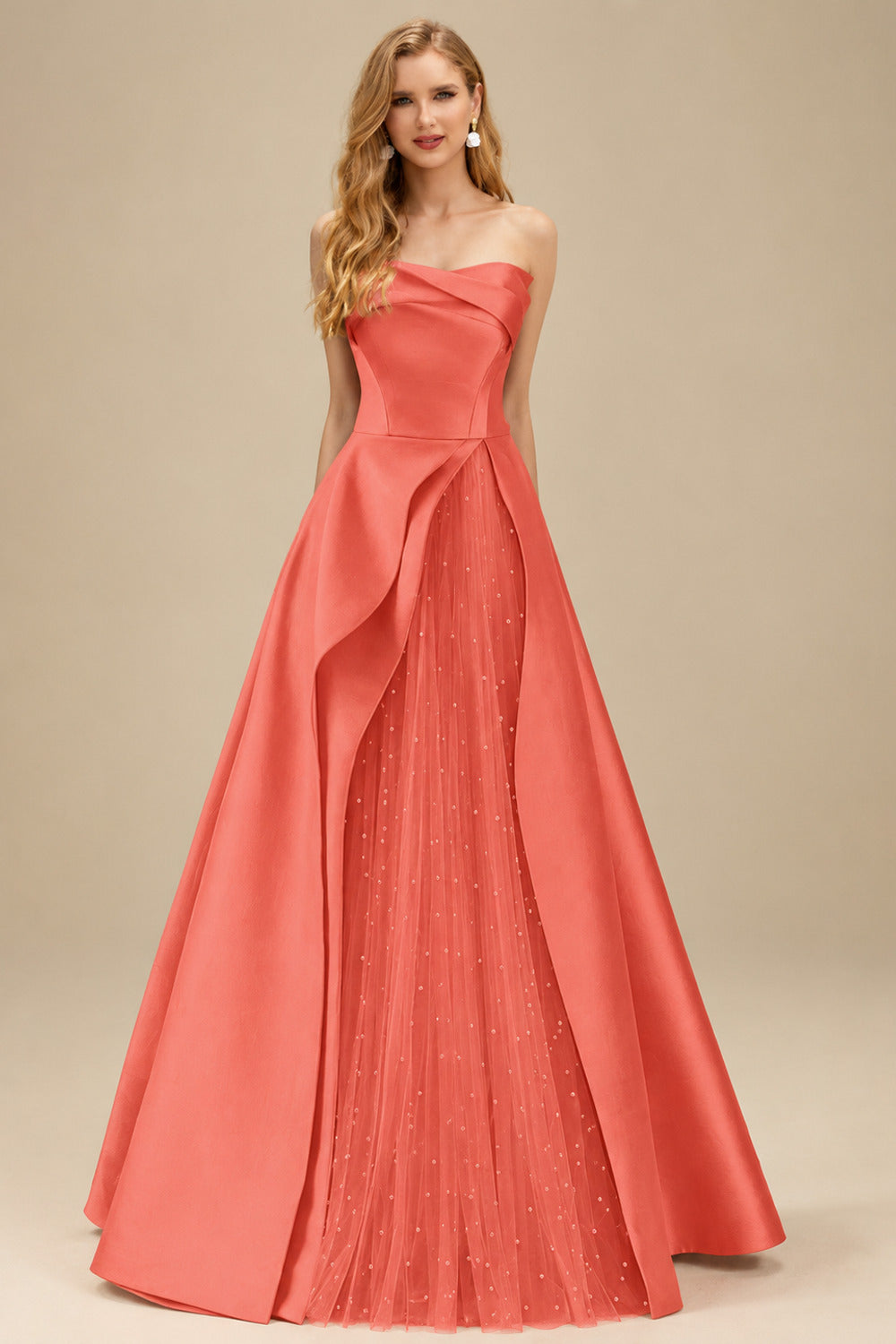 Rutipo Papaya A-Line Strapless Sleeveless Floor-Length Satin Prom Dresses