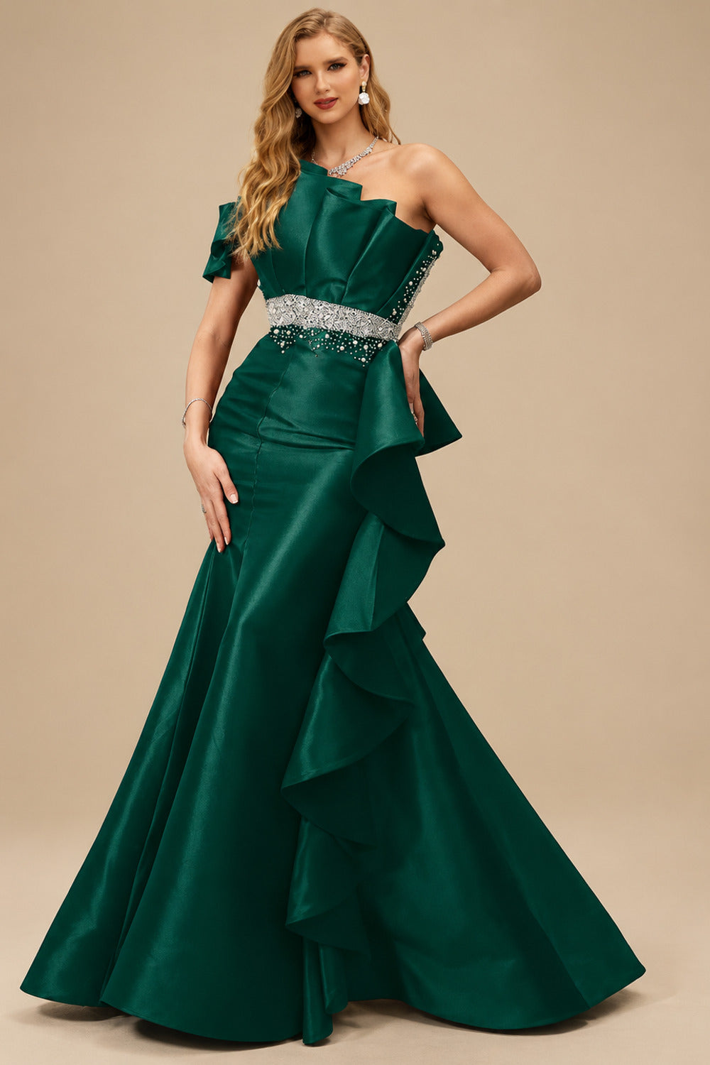 Rutipo Emerald A-Line One-Shoulder Sleeveless Floor-Length Satin Prom Dresses With Ruffle