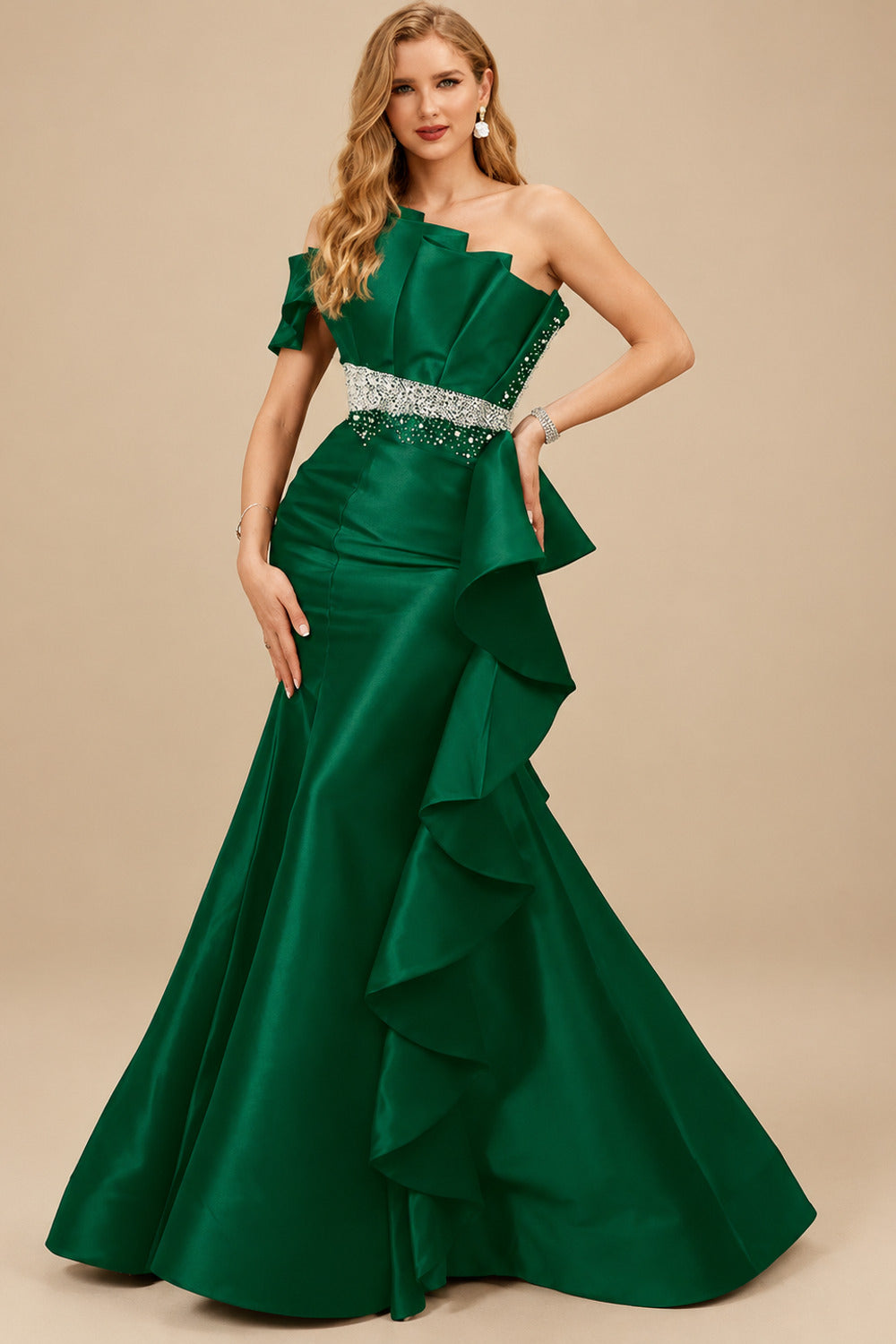 Rutipo Forest Green A-Line One-Shoulder Sleeveless Floor-Length Satin Prom Dresses With Ruffle