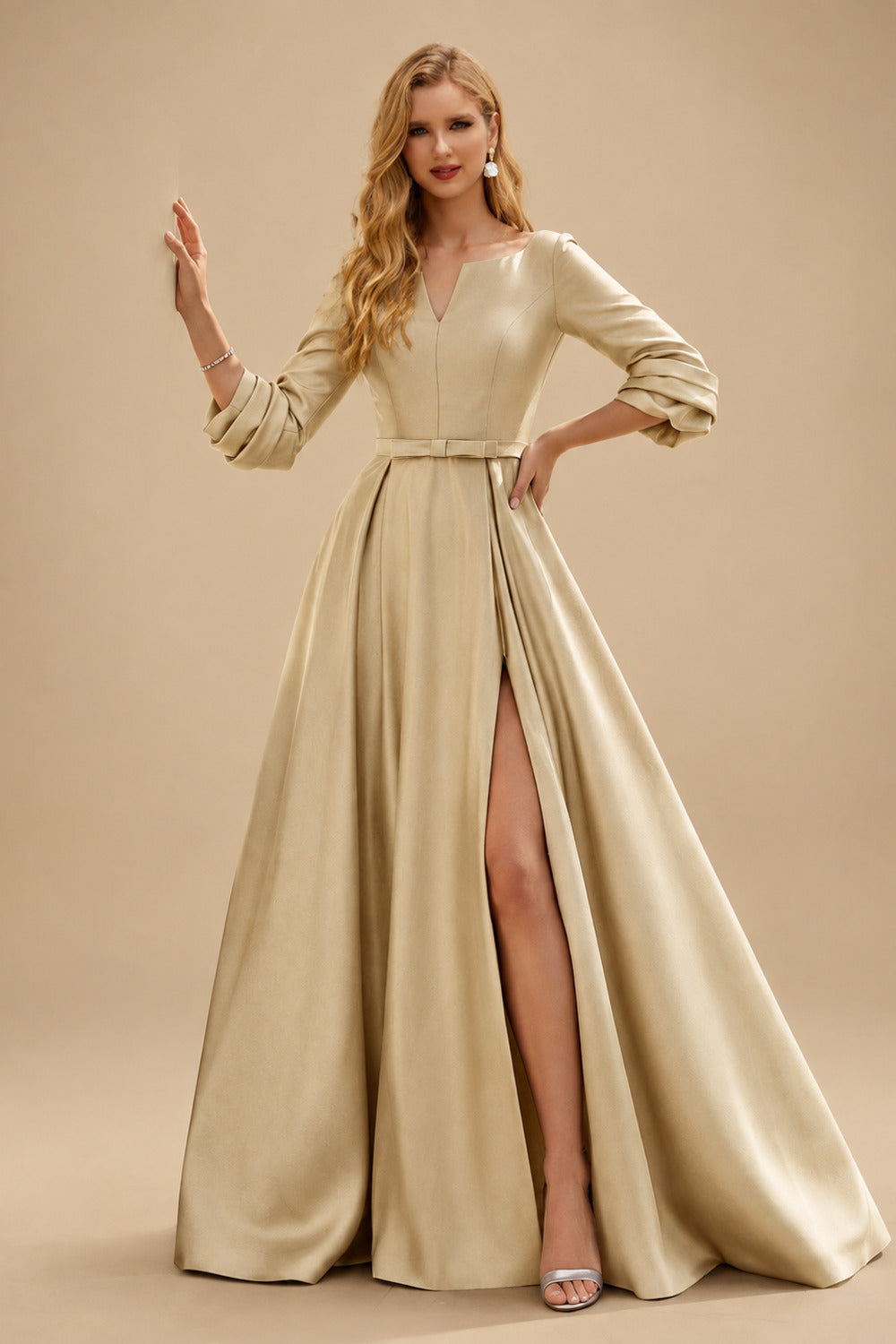 Rutipo Champagne A-Line V-Neck 3/4 Sleeves Floor-Length Satin Prom Dresses With High Split