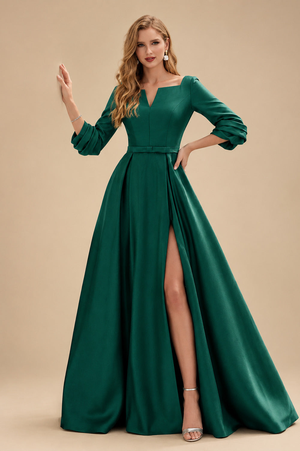 Rutipo Dark Green A-Line V-Neck 3/4 Sleeves Floor-Length Satin Prom Dresses With High Split