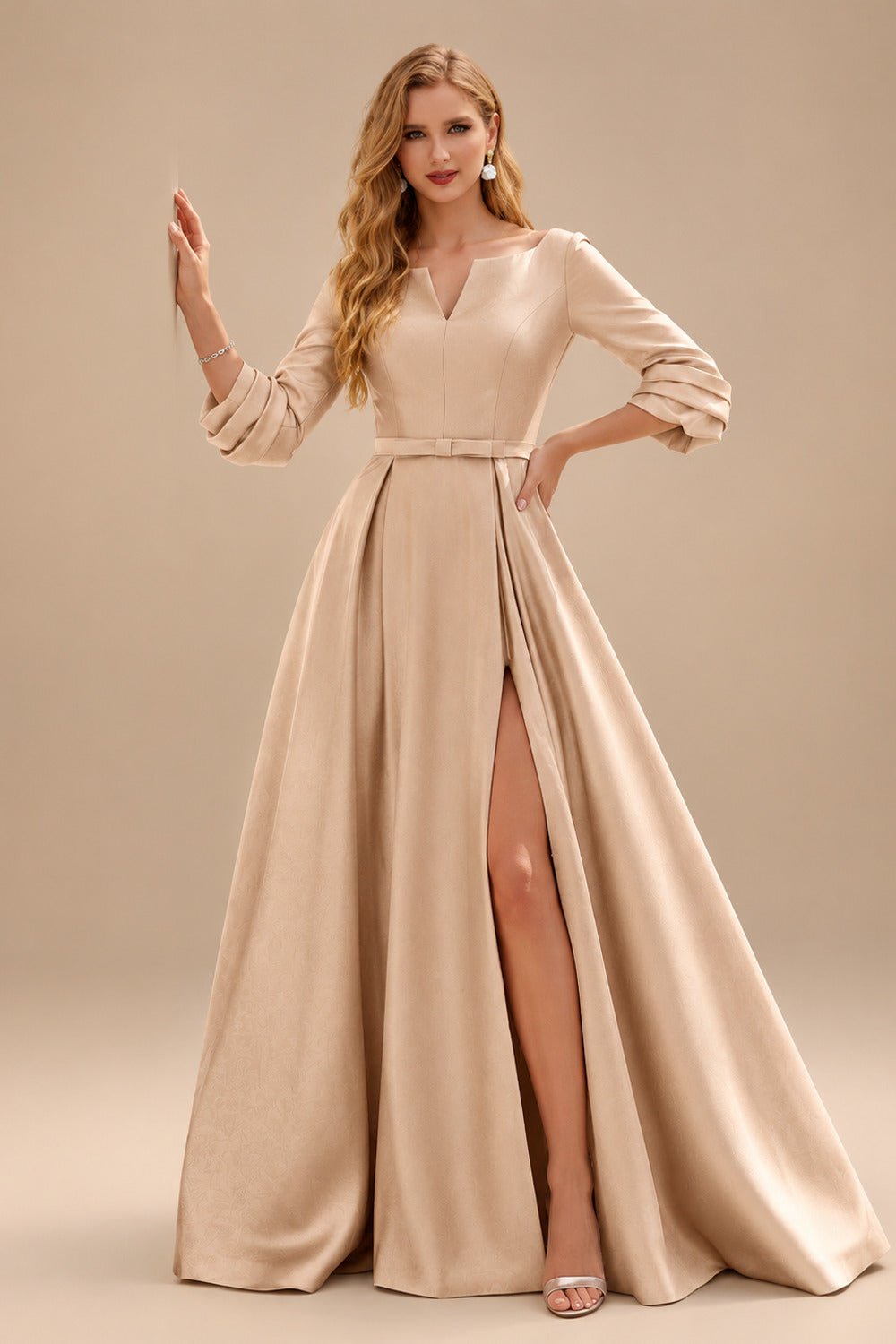 Rutipo Rose Gold A-Line V-Neck 3/4 Sleeves Floor-Length Satin Prom Dresses With High Split