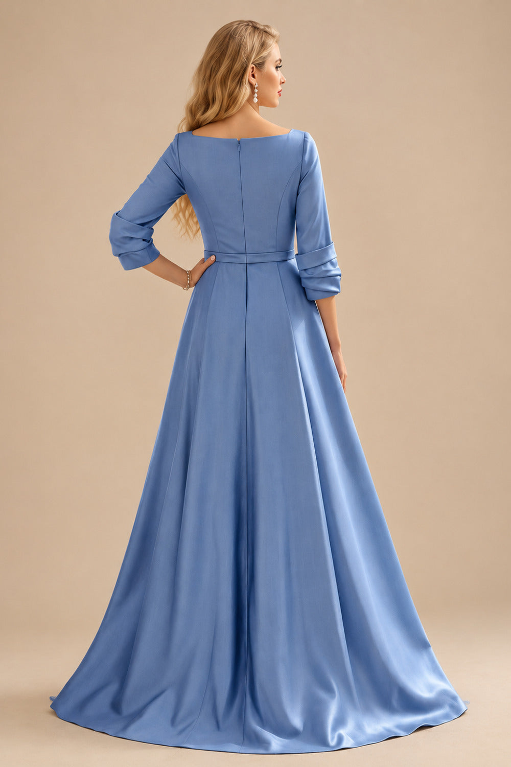 Rutipo Slate Blue A-Line V-Neck 3/4 Sleeves Floor-Length Satin Prom Dresses With High Split