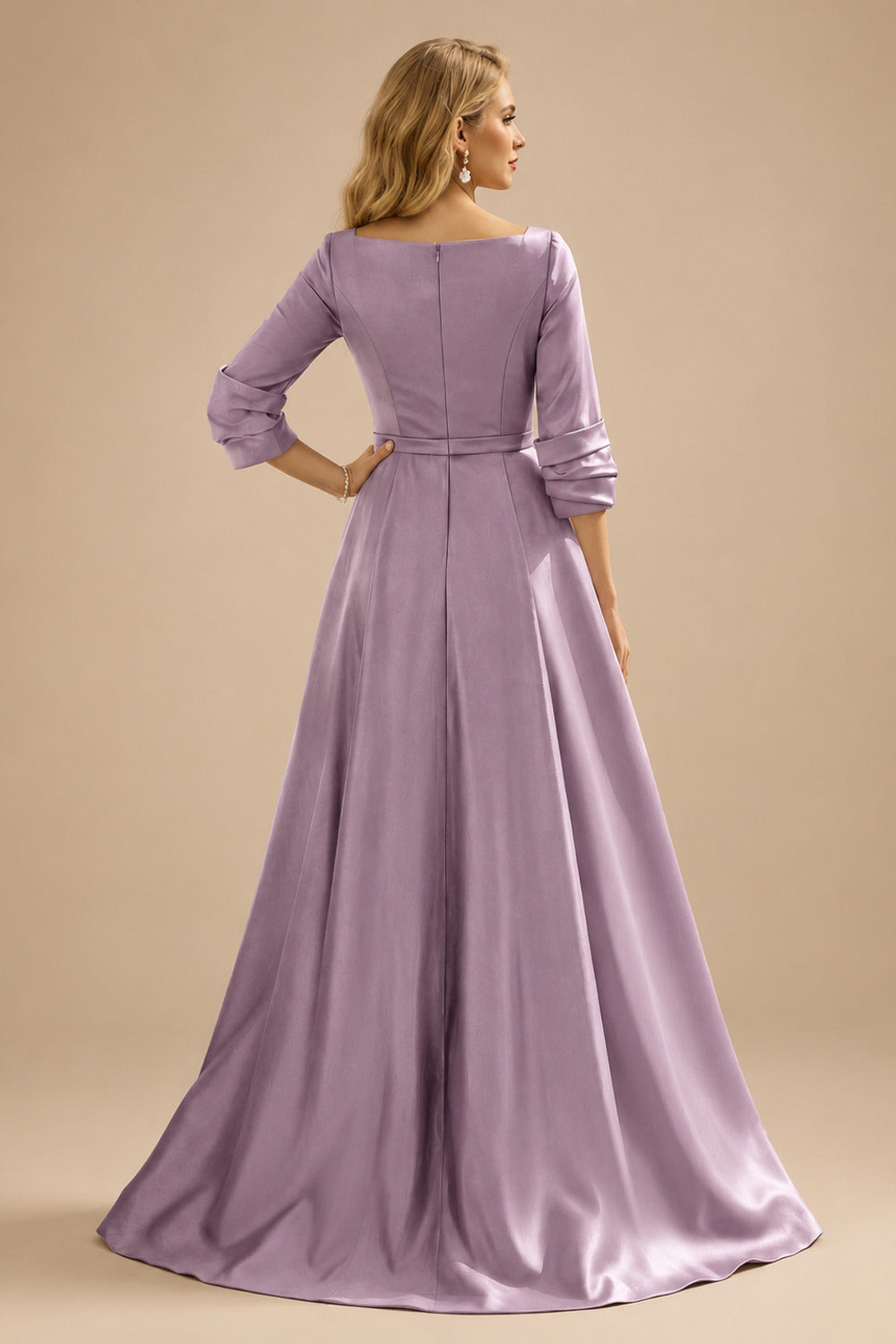 Rutipo Wisteria A-Line V-Neck 3/4 Sleeves Floor-Length Satin Prom Dresses With High Split