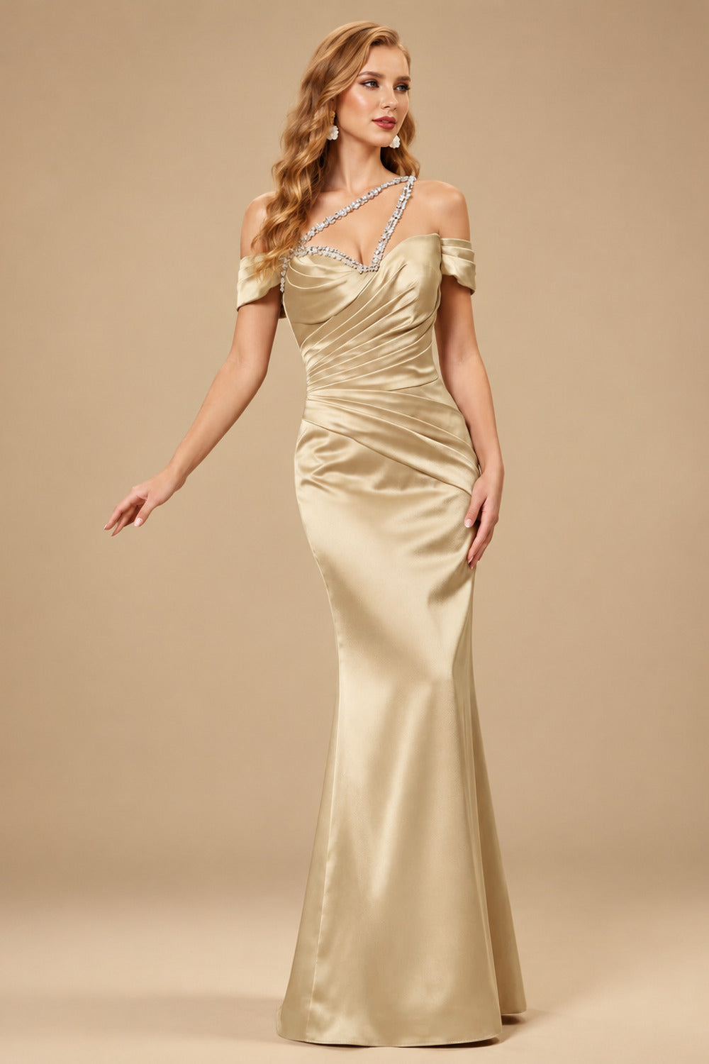 Rutipo Champagne Sheath/Column One-Shoulder Sleeveless Floor-Length Satin Prom Dresses