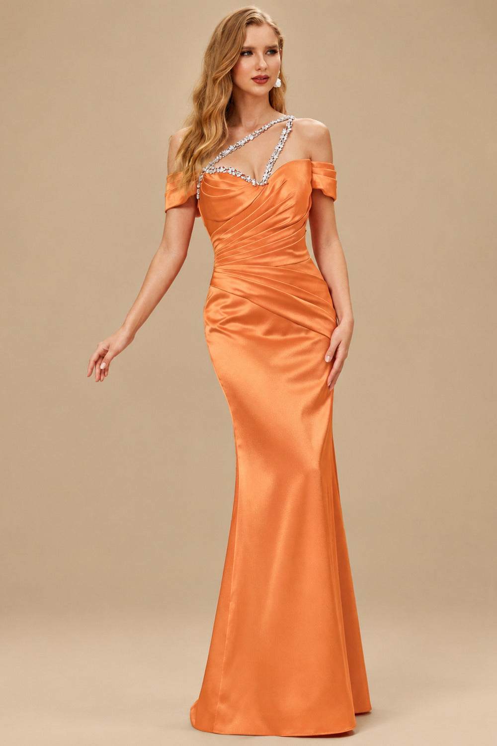 Rutipo Orange Sheath/Column One-Shoulder Sleeveless Floor-Length Satin Prom Dresses