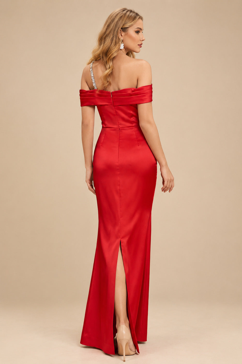 Rutipo Red Sheath/Column One-Shoulder Sleeveless Floor-Length Satin Prom Dresses