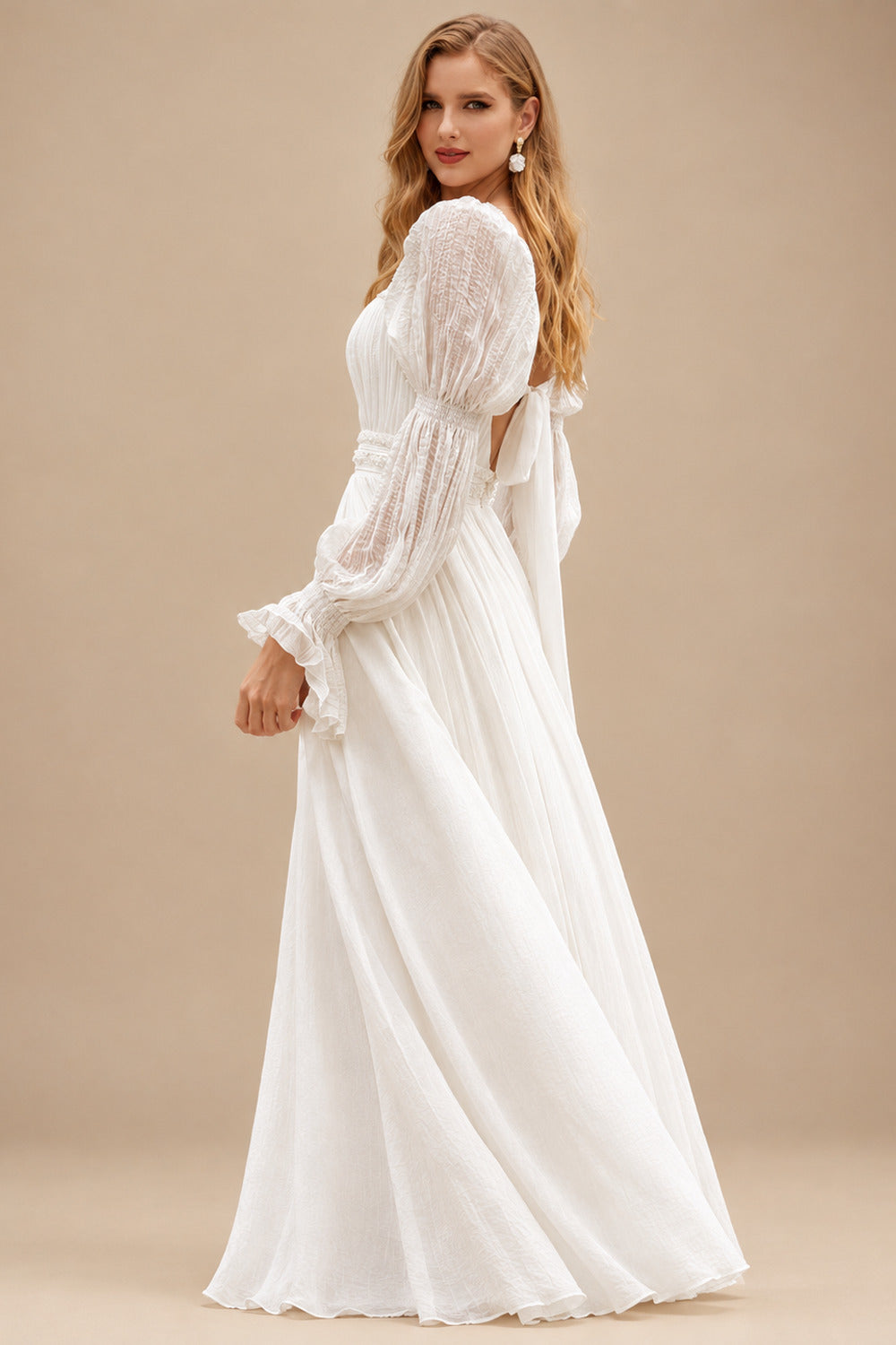 Rutipo Ivory A-Line Square Neckline Long Sleeves Wedding Dress