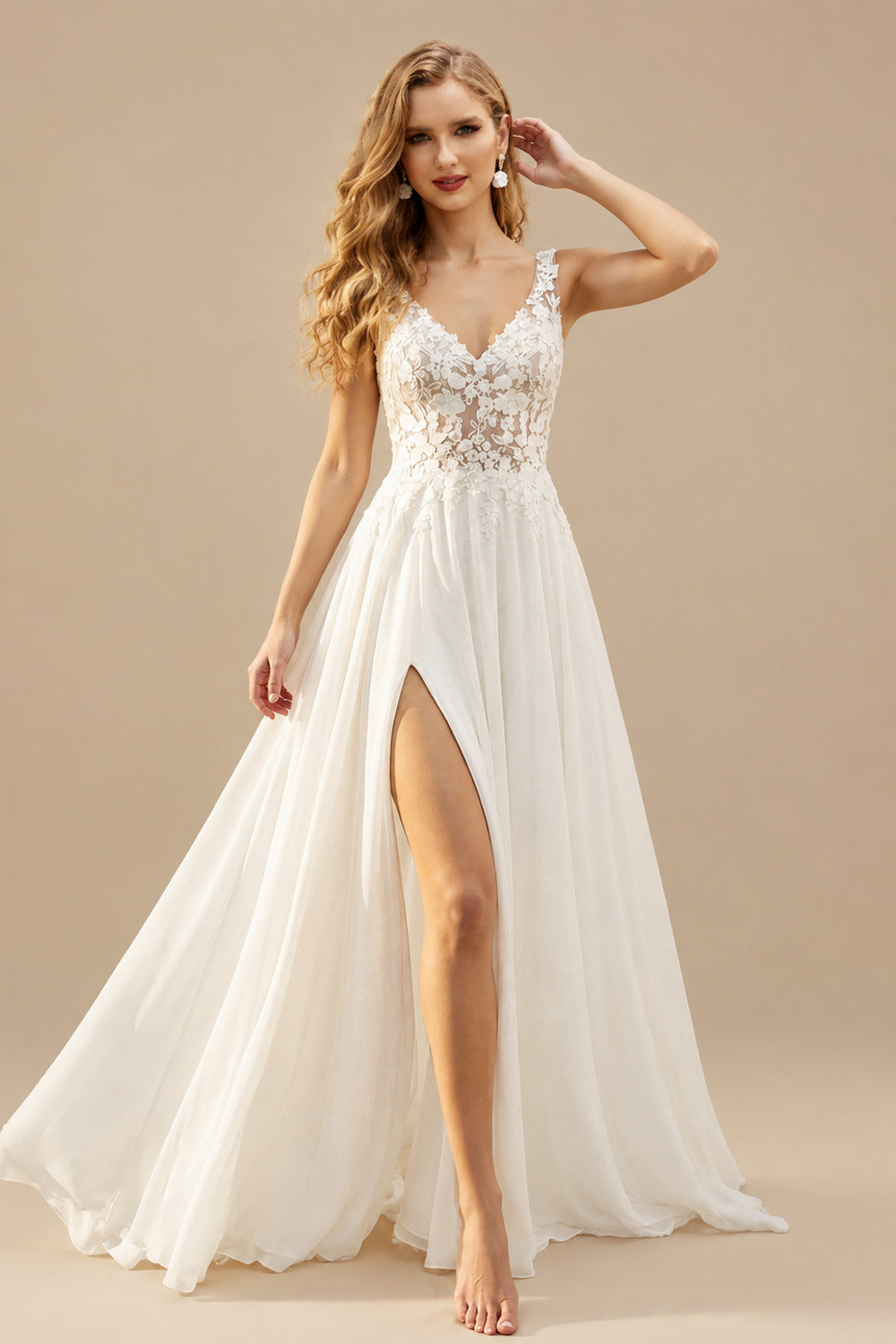 Rutipo Ivory A-Line V-Neck Sleeveless Sweep Train Chiffon/Lace Wedding Dresses