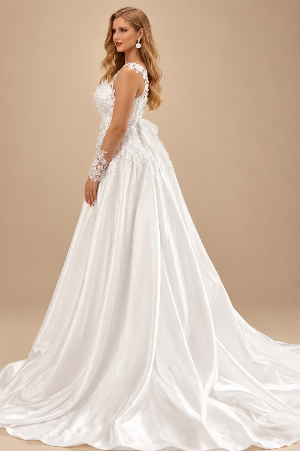 Rutipo Ivory Sheath/Column Illusion Neck Long Sleeves Lace/Satin Wedding Dresses