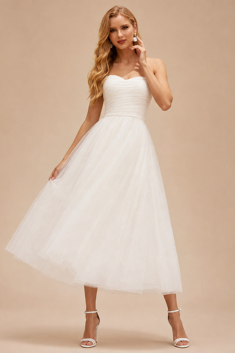 Rutipo Ivory A-Line Sweetheart Sleeveless Tea-Length Tulle Wedding Dresses