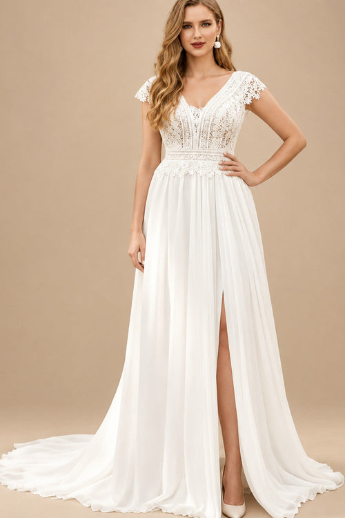 Rutipo Ivory A-Line V-Neck Sleeveless Sweep Train Chiffon/Lace Wedding Dresses With High Split