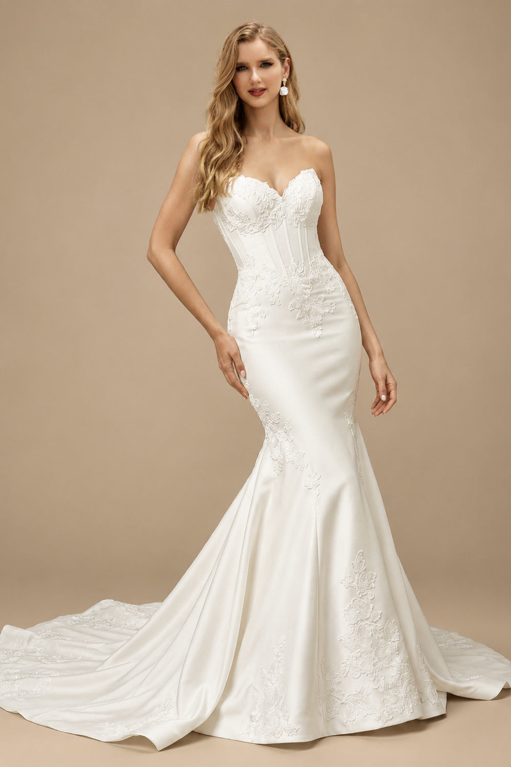 Rutipo Ivory Trumpet/Mermaid Sweetheart Sleeveless Cathedral Satin Wedding Dresses With Appliques Lace