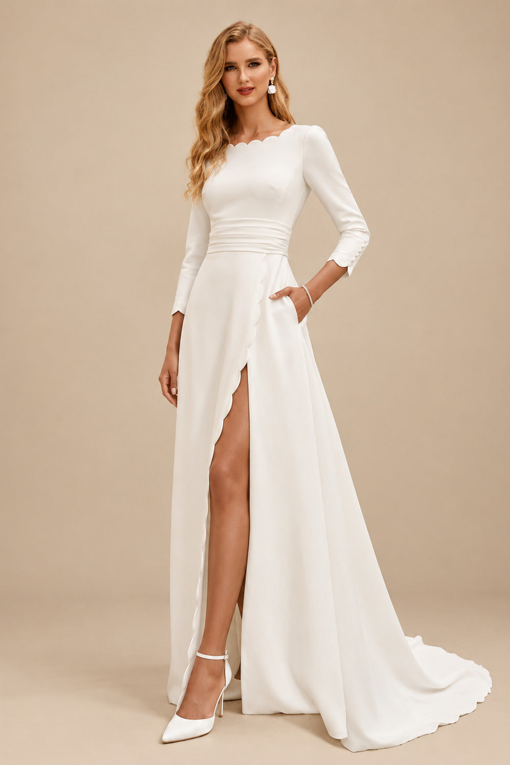 Rutipo Ivory Ball-Gown Scoop Neck 3/4 Sleeves Court Train Twill Satin Wedding Dresses With High Split