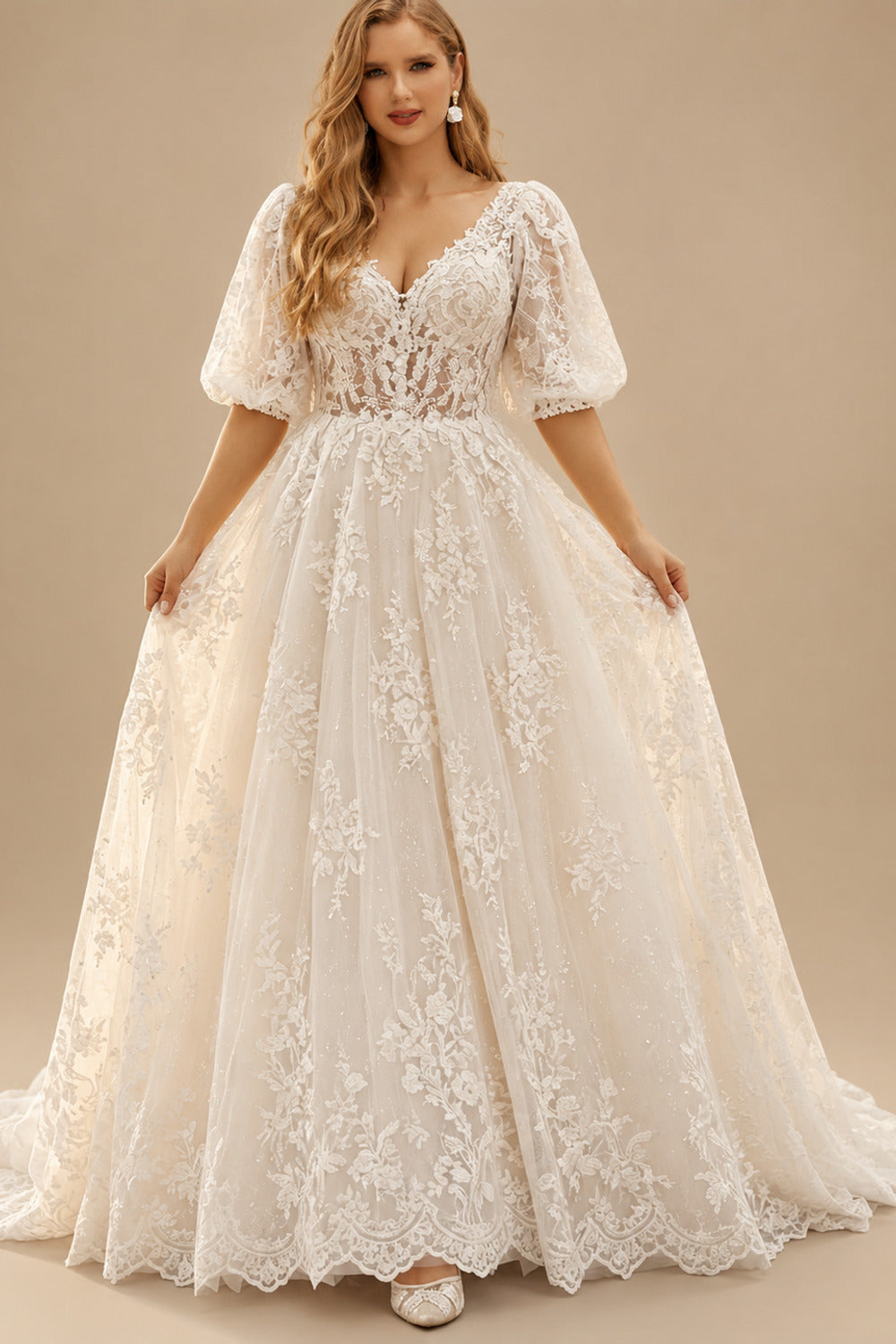 Rutipo Ivory Ball-Gown Sweetheart 1/2 Sleeves Floor-Length Lace Wedding Dress With Appliques Lace