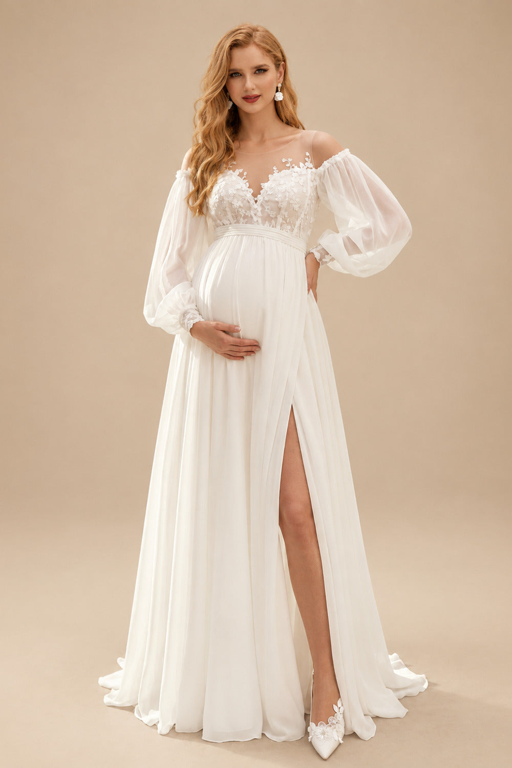 Rutipo Ivory A-Line Off-The-Shoulder Long Sleeves Floor-Length Chiffon Maternity Wedding Dresses With Lace/High Split