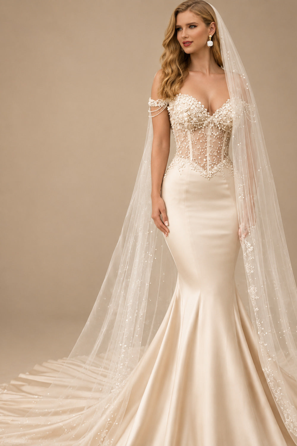 Trumpet/Mermaid Off-The-Shoulder Chapel Train Matte Satin Wedding Dresses With Beading