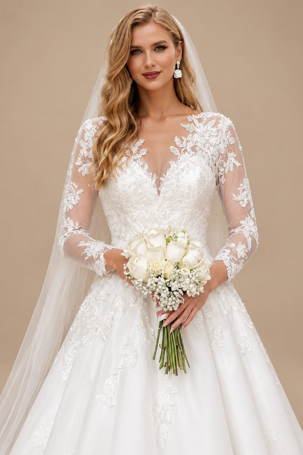 Ball-Gown V-Neck Long Sleeves Chapel Train Lace/Tulle Wedding Dress With Appliques Lace